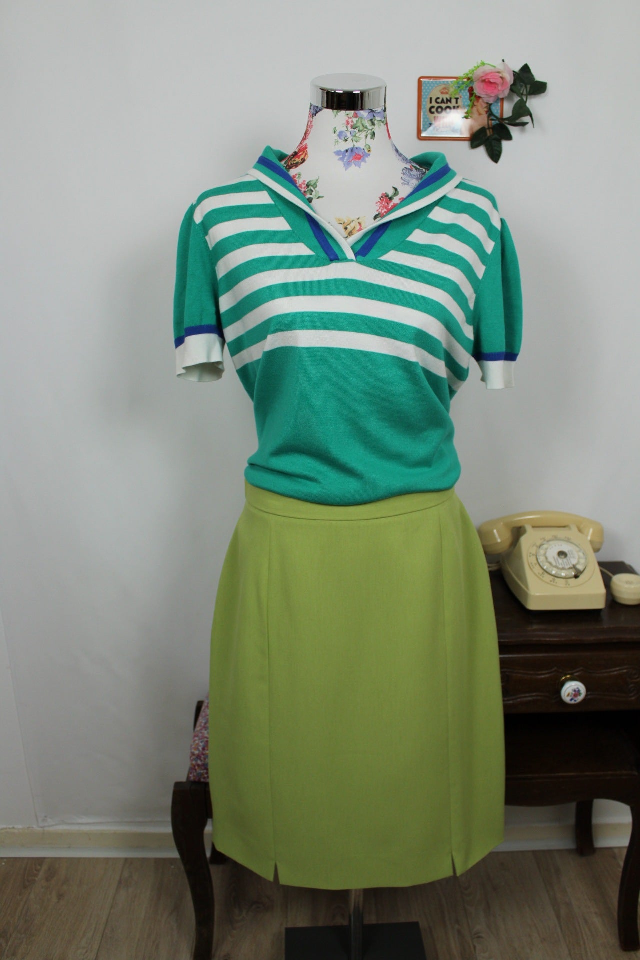 🍒🌸Polo rétro 80's rayé vert & blanc - Julie Guerlande - Taille 40/42🌸🍒