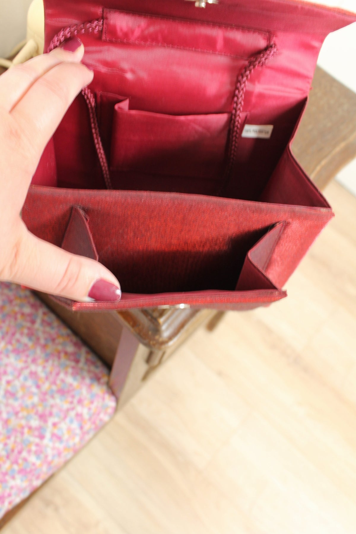 🌸🍒Sac rétro pin-up/rockabilly bordeaux satiné & perles🍒🌸