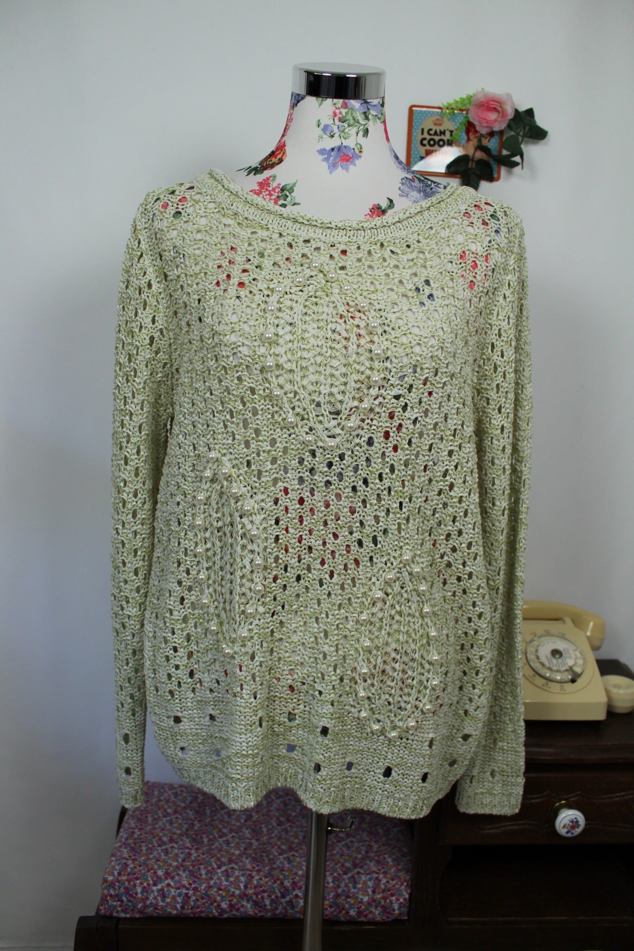 🌸🍒Pull ajouré perles nacrées vintage chic - Création L - 90s/2000s - Taille 40/42🍒🌸