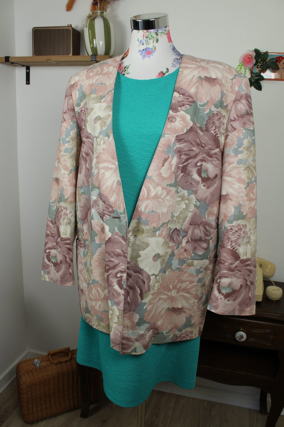 Veste vintage années 90 fleurs pastel esprit tapisserie romantique en lin & coton - Taille 44