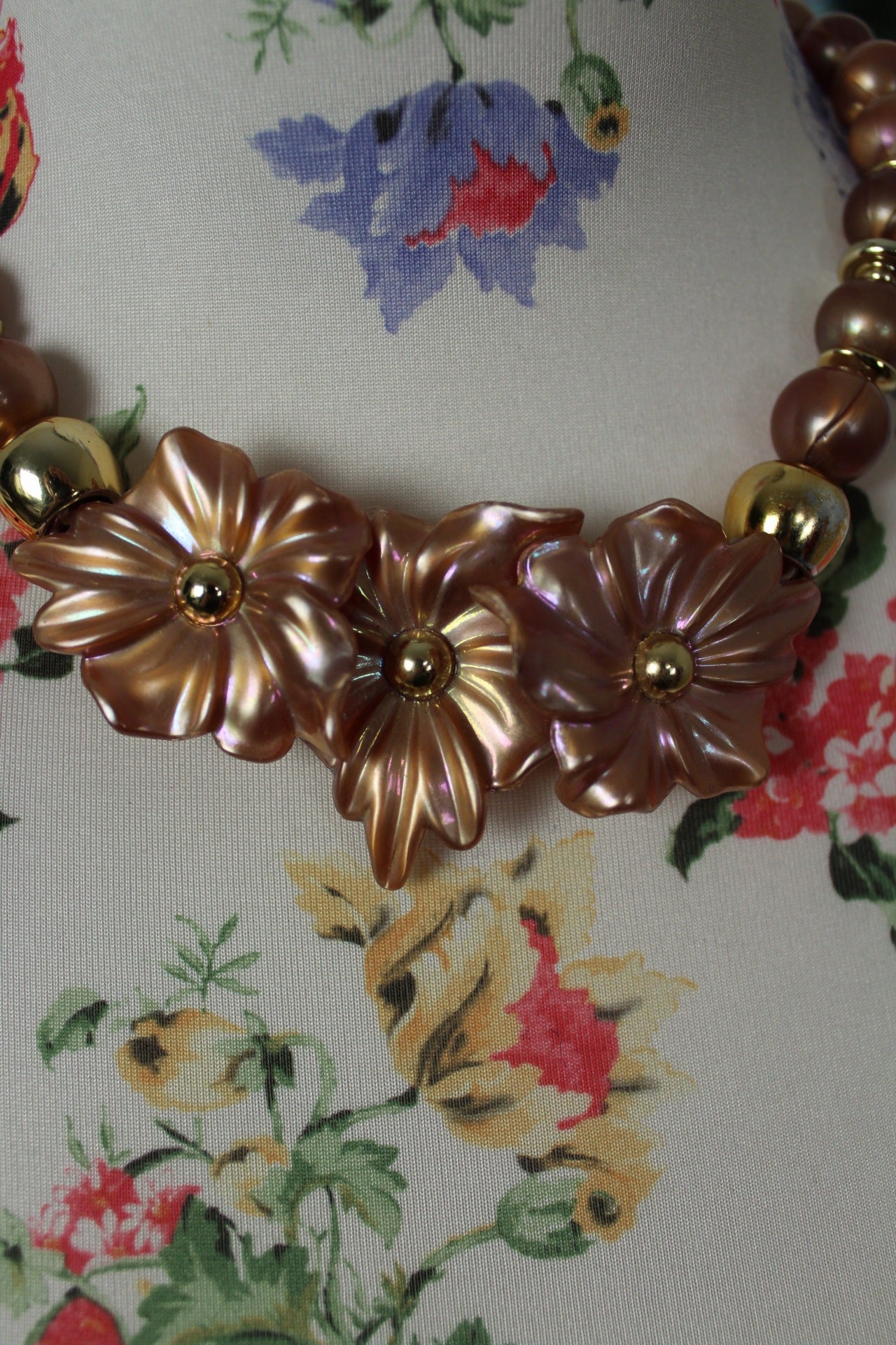 🌸🍒Collier vintage 80's perlée rondes & fleurs cuivrées🍒🌸