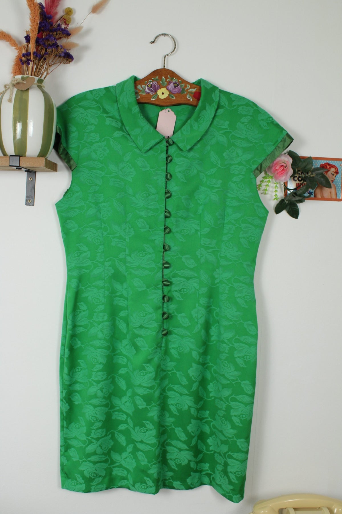 Robe vintage années 80/90 romantique vert satiné & roses ton sur ton - Taille 40