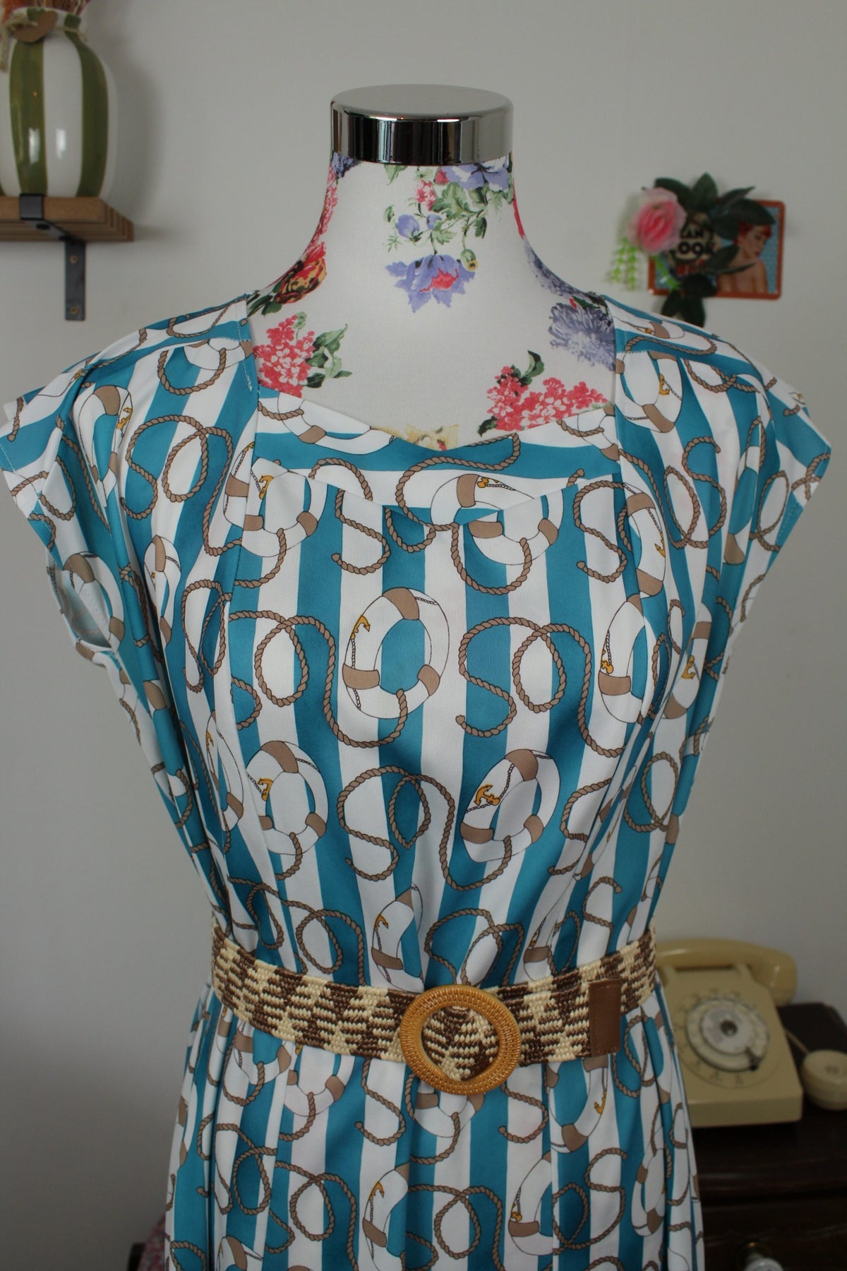 🌸🍒Robe vintage années 80 Navy rayures turquoises & motifs nautiques - Taille 38 à 42🍒🌸
