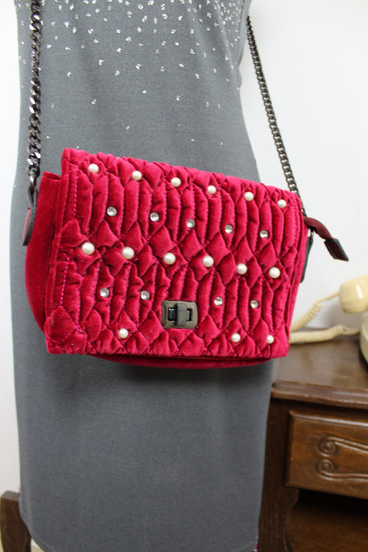 🌸🍒Sac de soirée velours framboise matelassé & perles nacrées🍒🌸