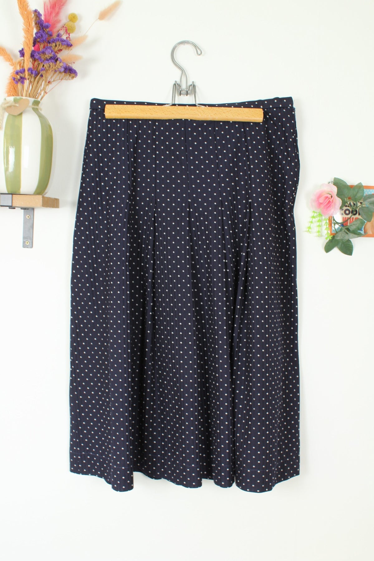 Jupe vintage années 80 plissée marine à pois blancs style pin-up - Taille 40/42