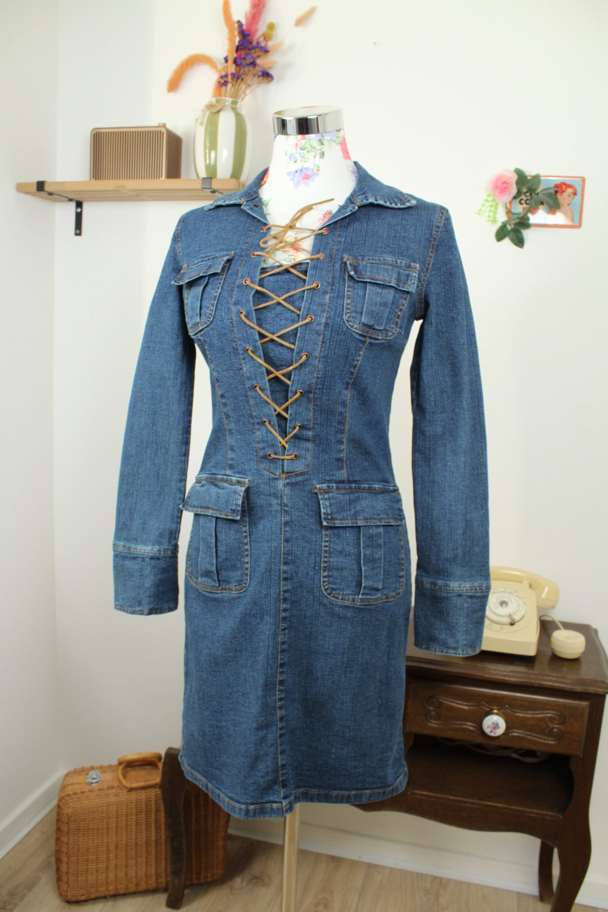 Robe vintage années 90 en jean & laçage marron - Taille 36
