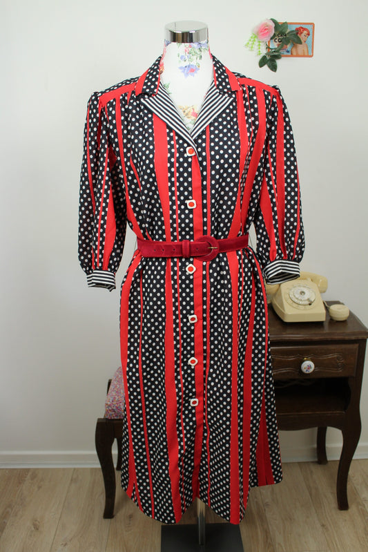 🌸🍒Robe vintage 70/80's pin-up/rockabilly pois & rayures boutonnée - Taille 42/44🍒🌸