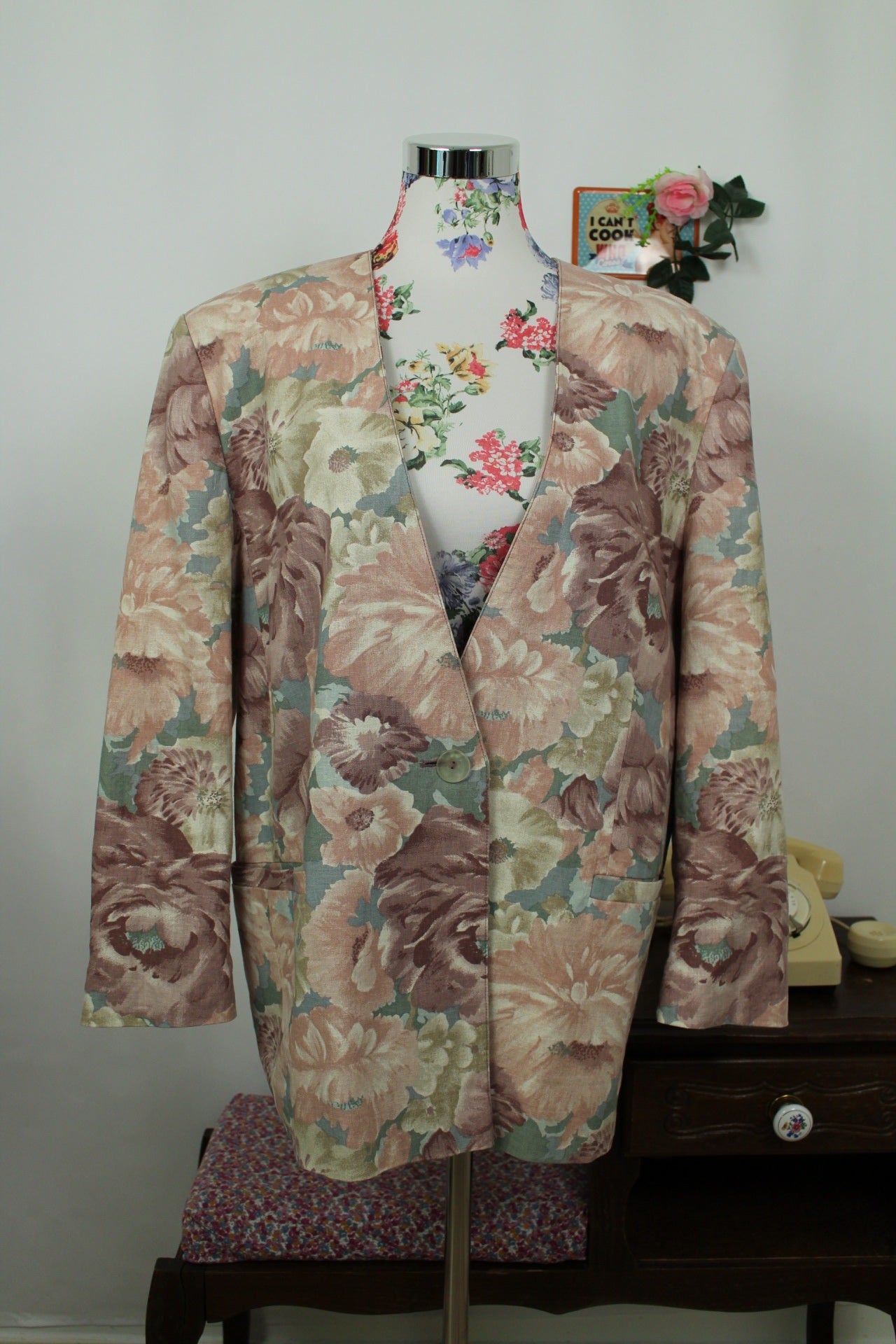 🌸🍒Veste vintage 90's fleurs pastel esprit tapisserie romantique en lin - Taille 44🍒🌸