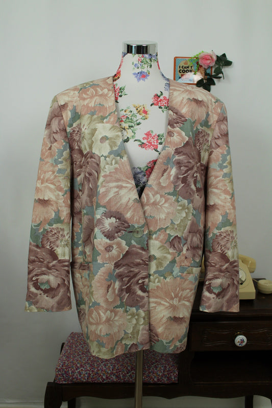 🌸🍒Veste vintage 90's fleurs pastel esprit tapisserie romantique en lin - Taille 44🍒🌸