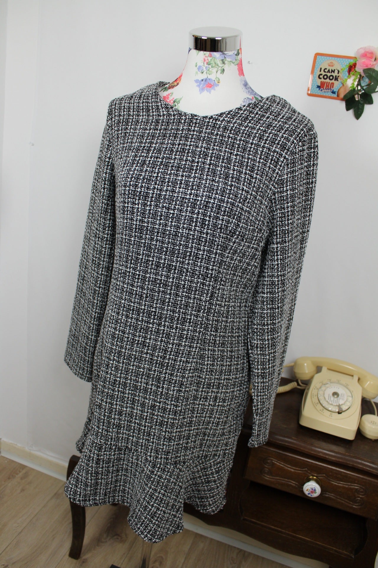 🌸🍒Robe d'hiver tweed noir & blanc - chic preppy - Taille 38/40🍒🌸
