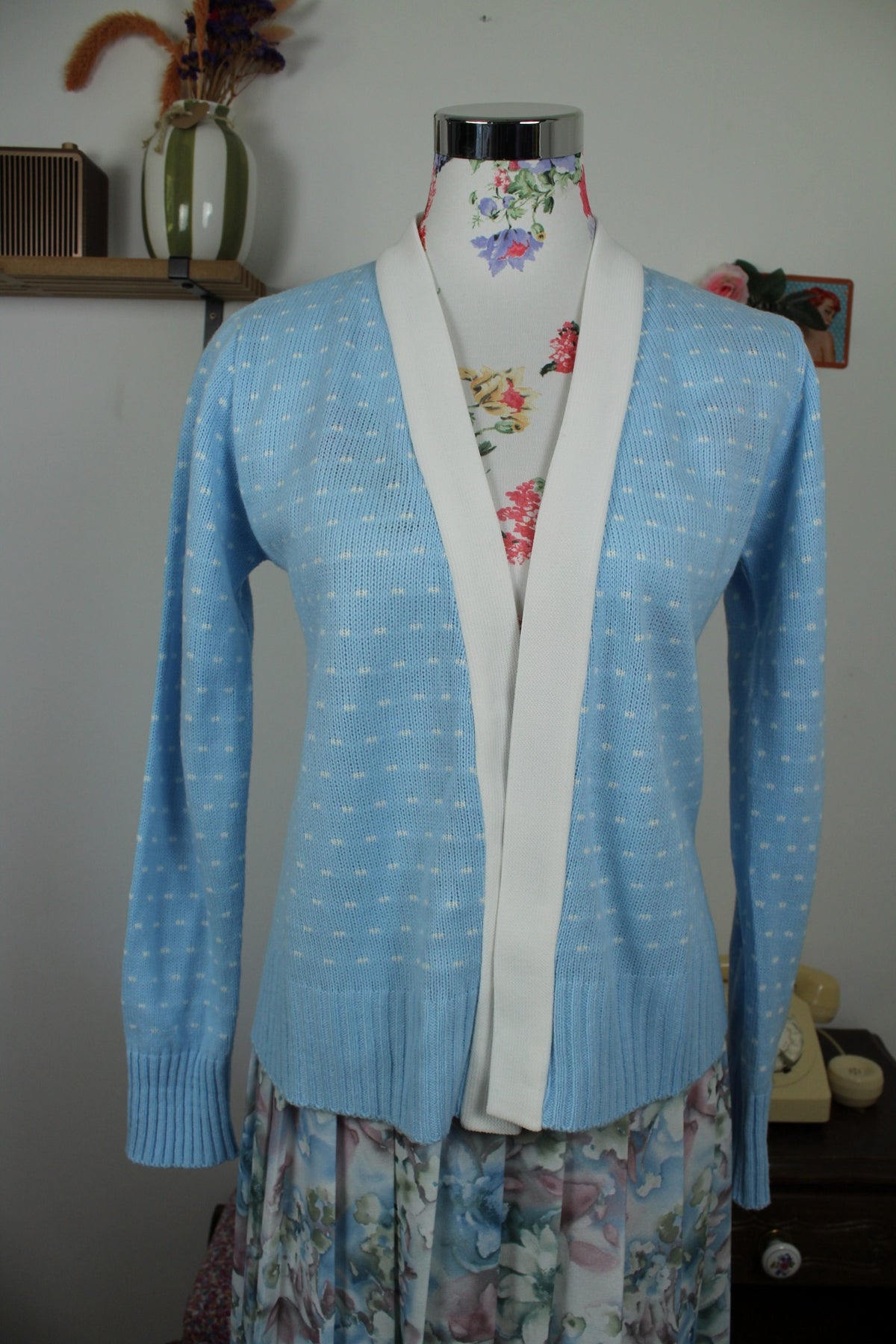 Cardigan pull vintage années 80 bleu ciel pep's à pois blanc - Taille 38