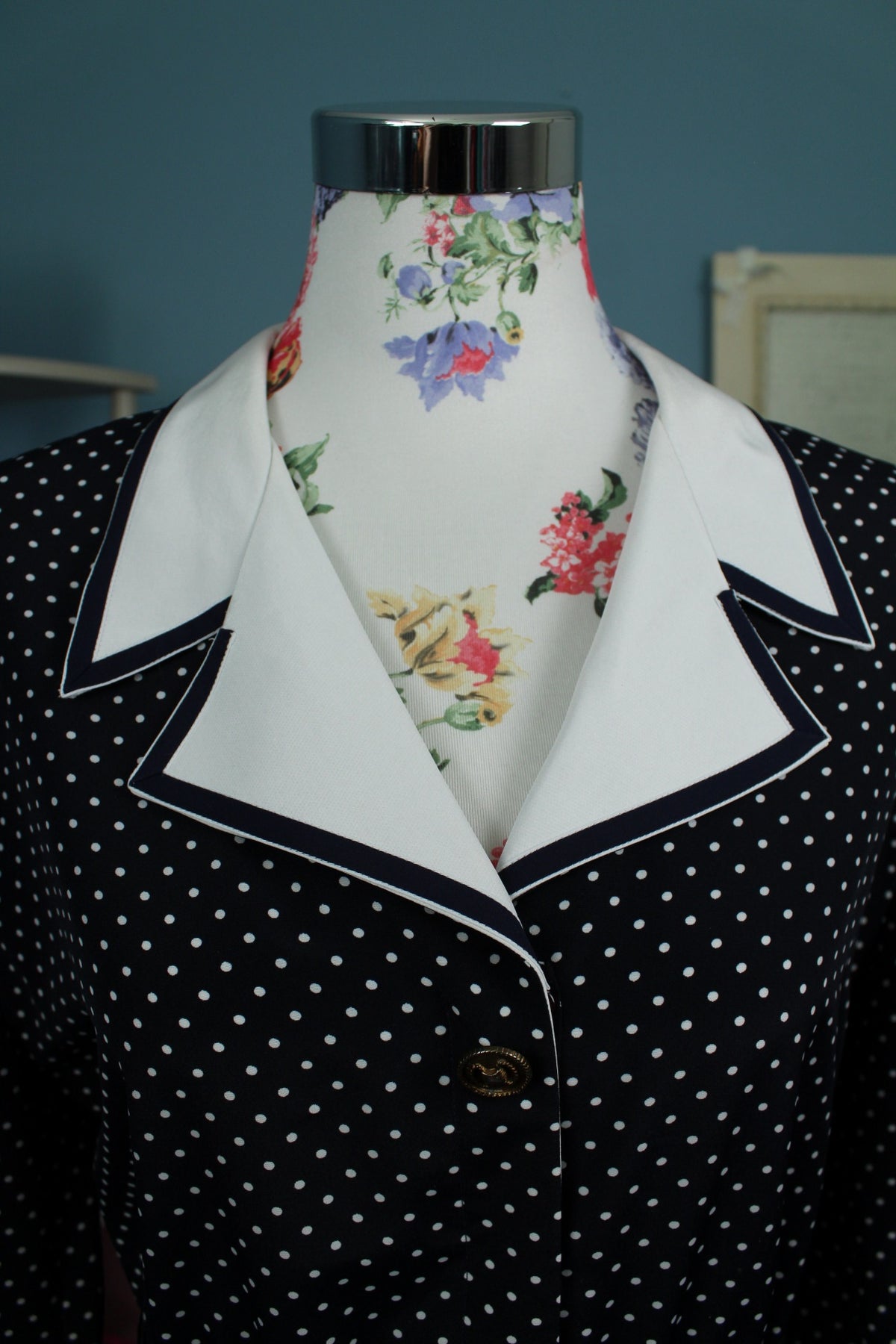 Robe années 80 bleu marine à pois pin-up Navy preppy vintage - Taille 40/42
