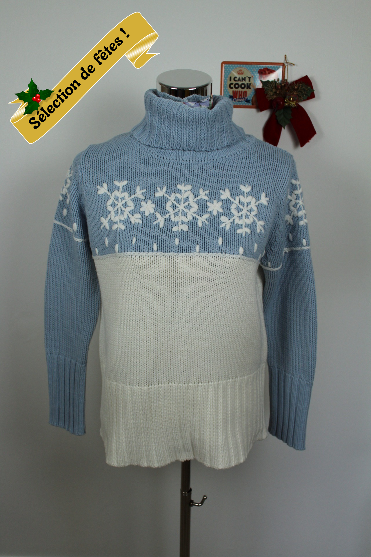 ✨Pull bleu vintage années 90 col roulé & flocons - pull de Noël✨