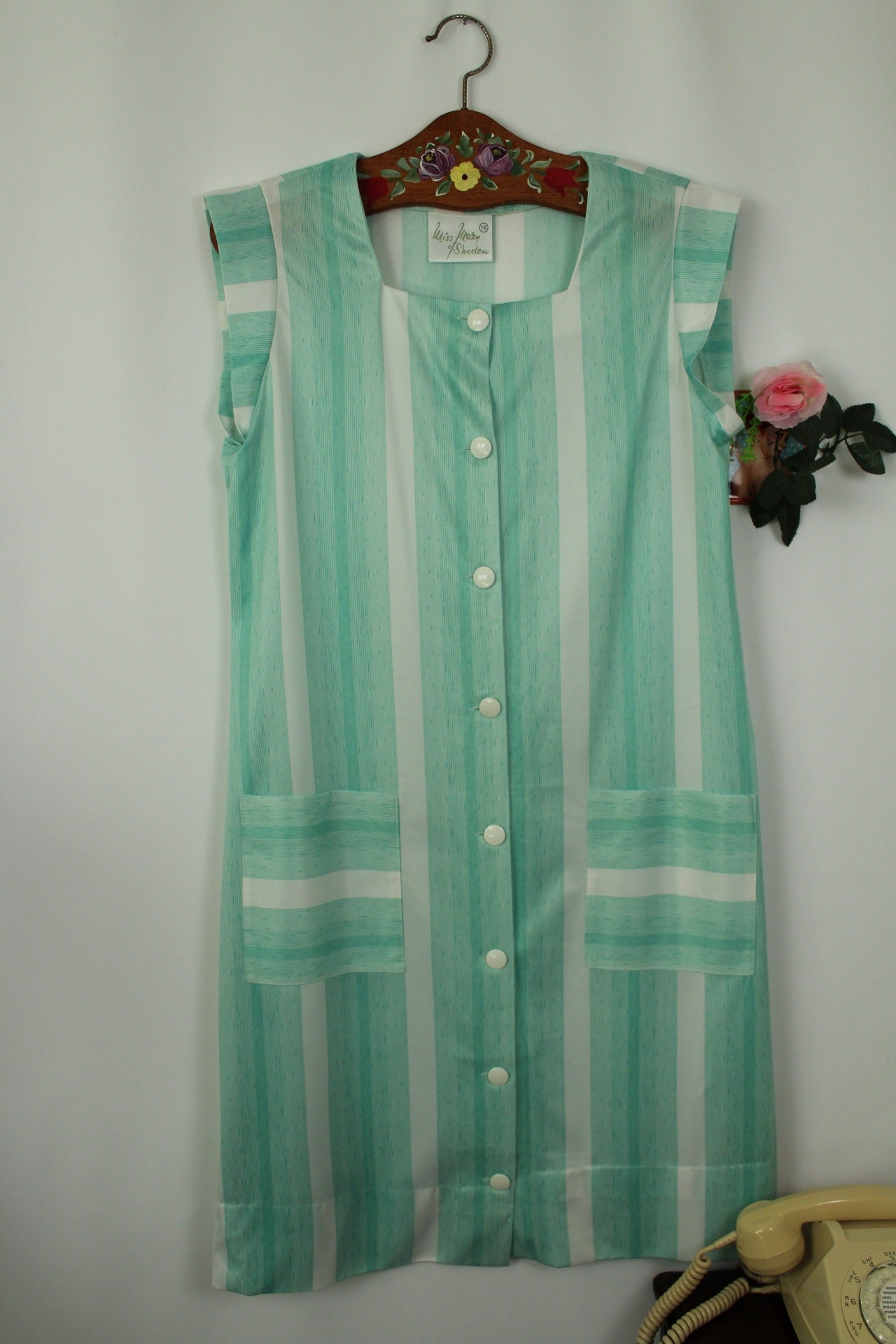 🌸🍒Robe vintage 80/90s rayée vert menthe - Taille 40/42🍒🌸