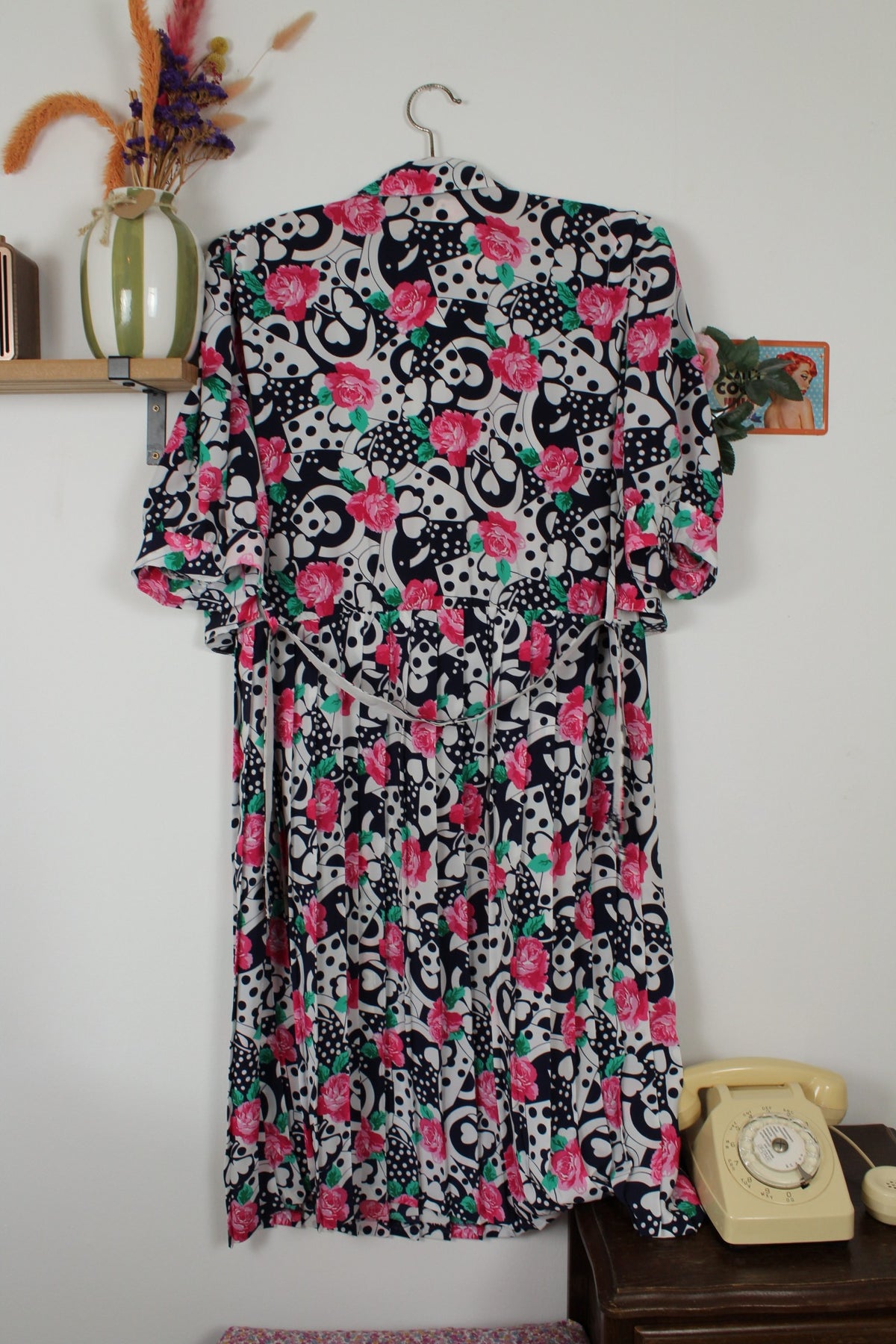 Robe vintage années 80 roses, pois & trèfles - boléro inclus - Taille 46/48