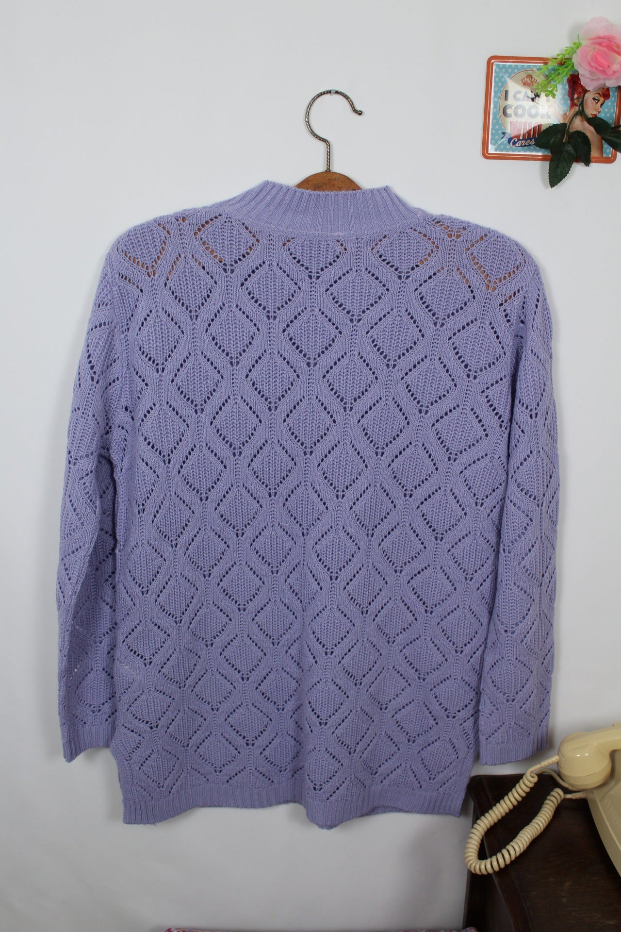 🍒🌸Pull ajouré lila vintage années 80 en laine - long & cosy avec poches - Taille 40/42 🌸🍒