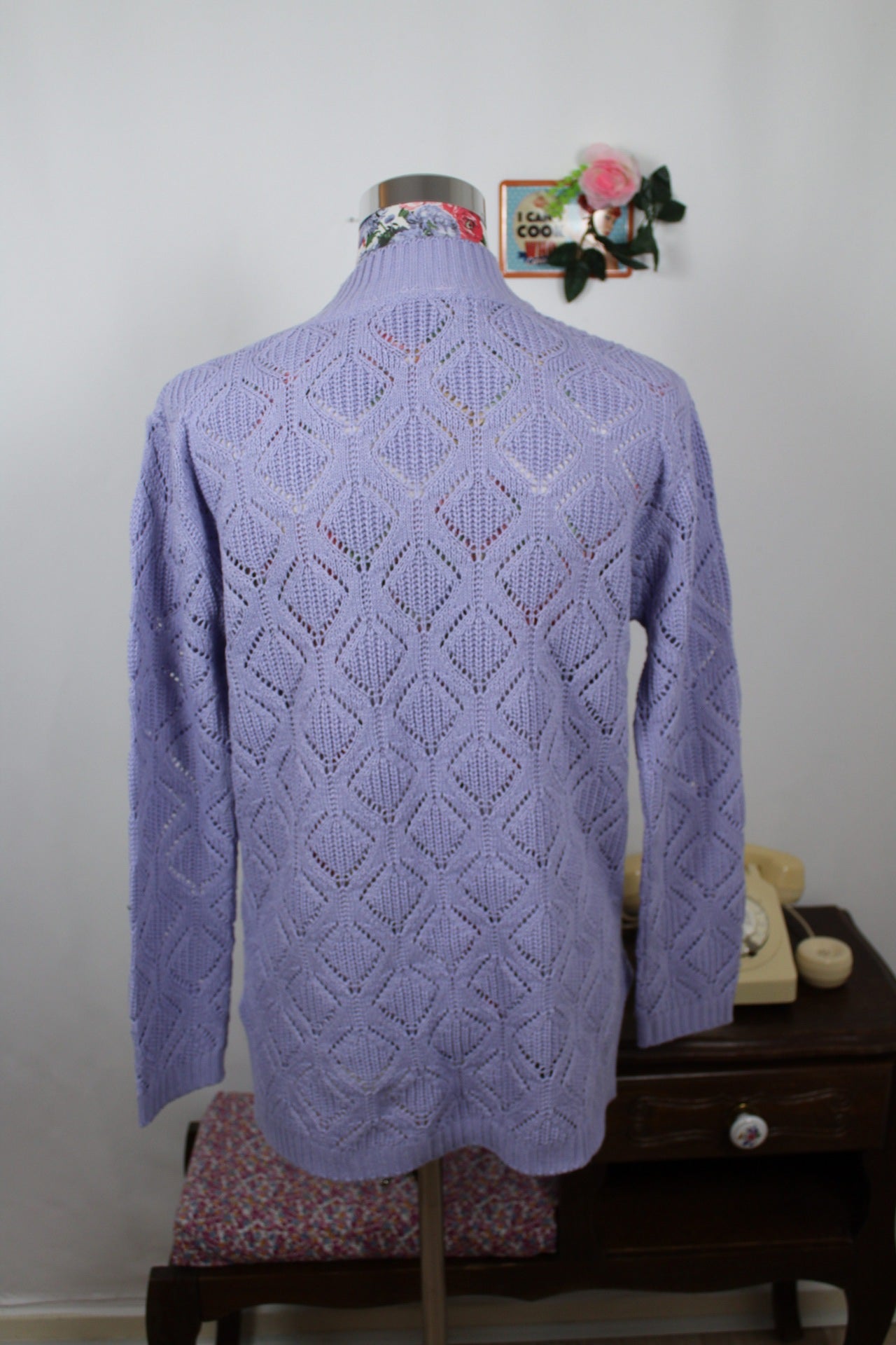 🍒🌸Pull ajouré lila vintage années 80 en laine - long & cosy avec poches - Taille 40/42 🌸🍒