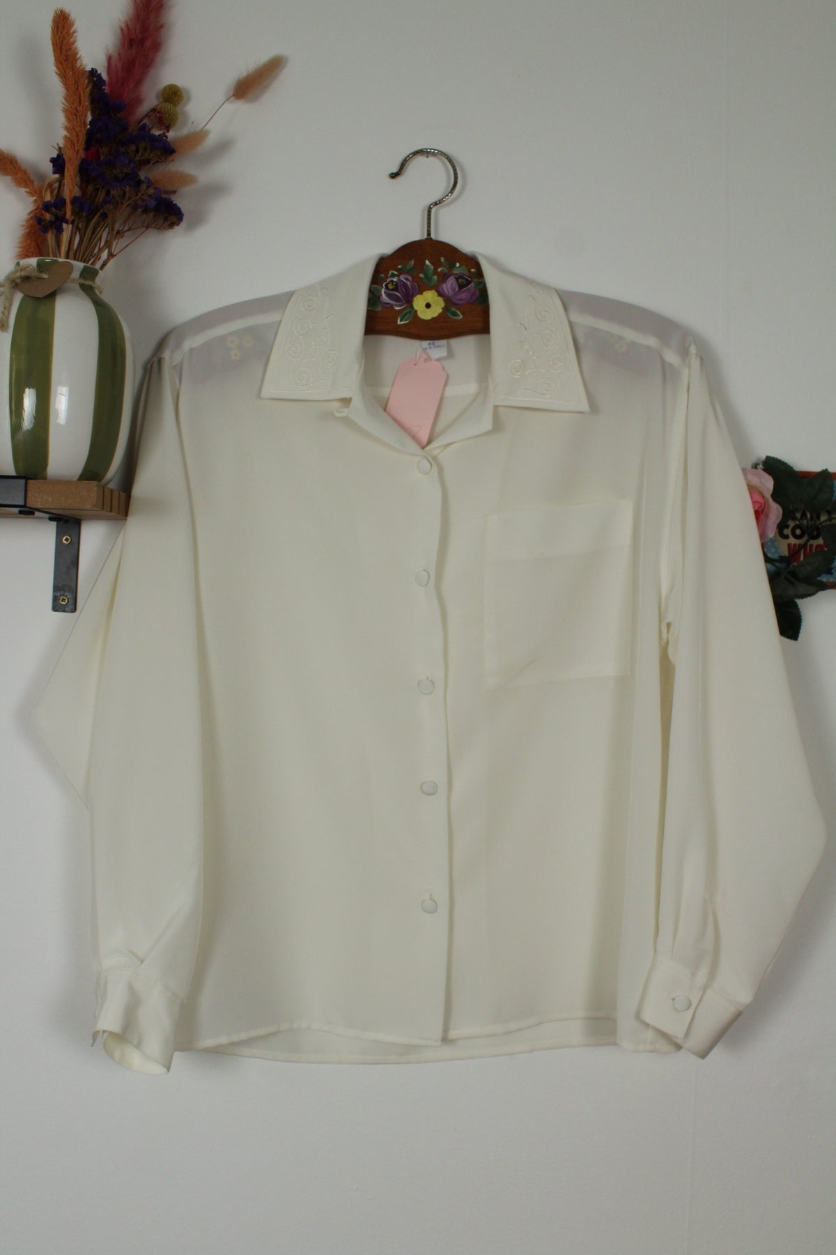 Chemise vintage années 80 blanche satinée col brodé romantique Ralph Luigi - Taille 40/42