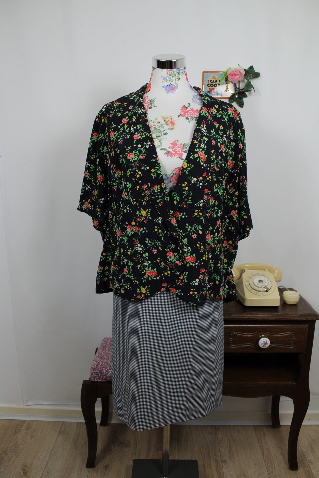 🌸🍒Jupe vintage 80's à carreaux vichy marine & blanc - Taille 42🍒🌸