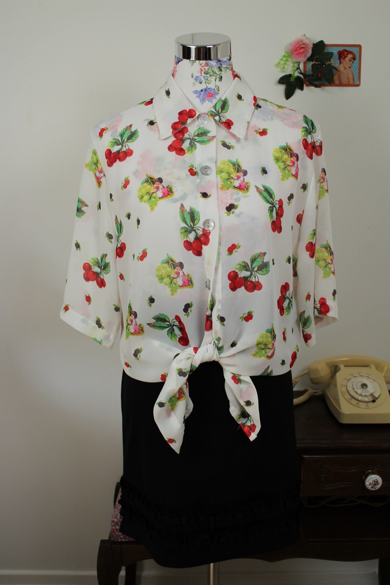 🌸🍒Chemise vintage 80/90's motifs fruits & anges romantique - Taille 38/40🍒🌸