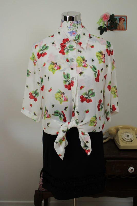🌸🍒Chemise vintage 80/90's motifs fruits & anges romantique - Taille 38/40🍒🌸