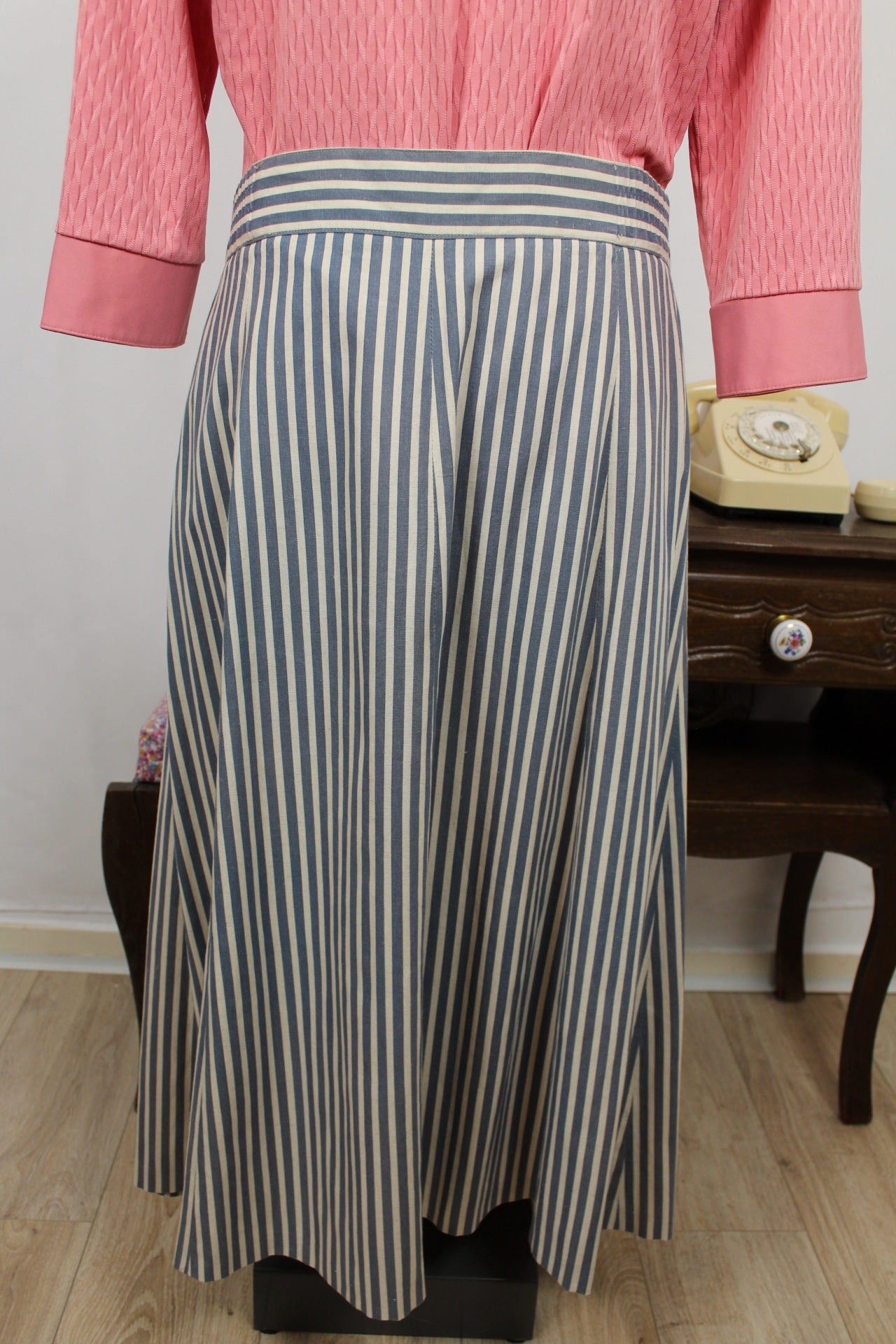 🍒🌸Jupe midi vintage 90's esprit marin à rayures en lin - Taille 42🌸🍒