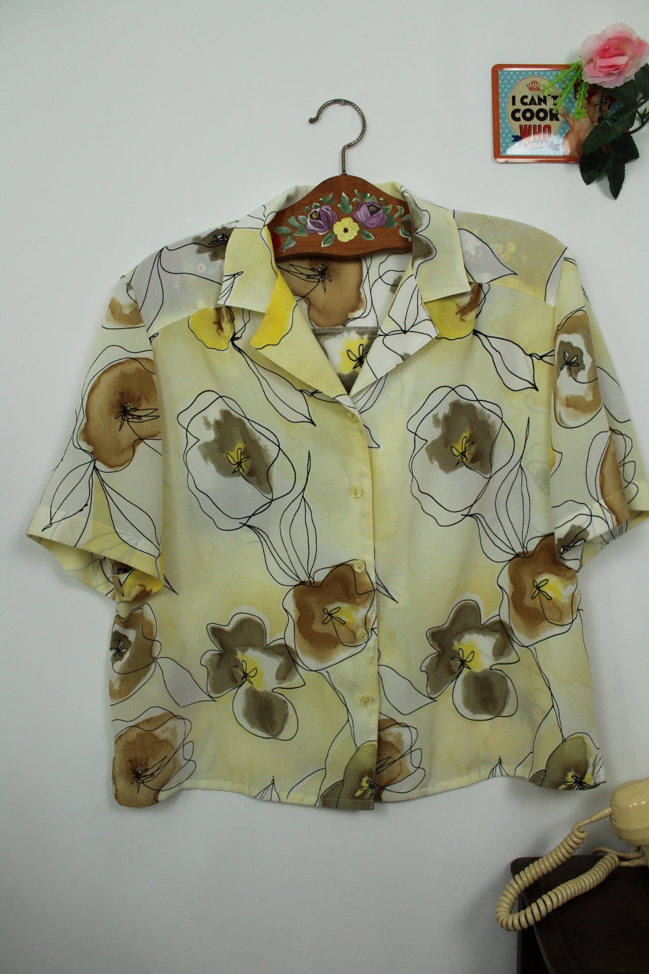 🌸🍒Chemise jaune pastel vintage 90's fleurs abstraites - Taille 44/46🍒🌸