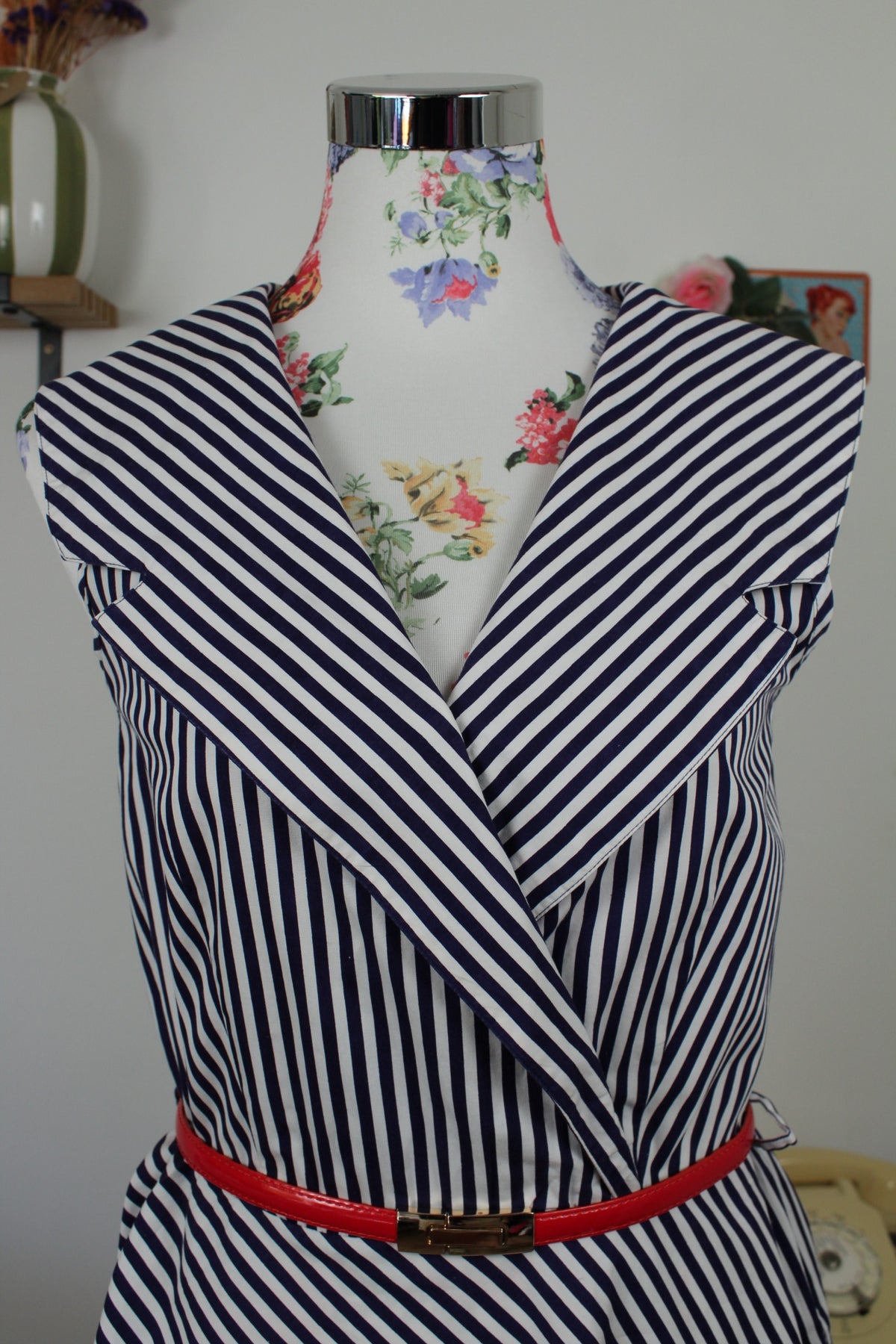 Robe Navy vintage années 90 rayée en coton style pin-up/rockabilly - Taille 38