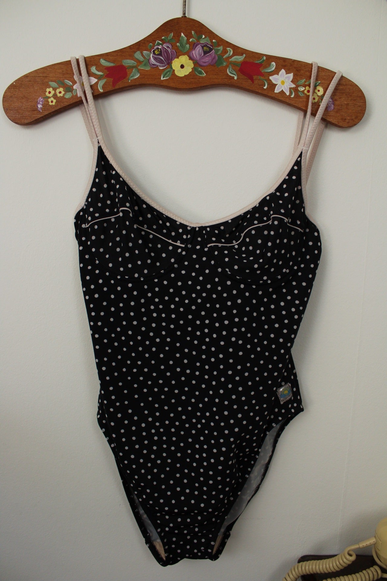 🌸🍒Maillot de bain vintage 80/90's noir & pois style pin-up - Taille 36🍒🌸