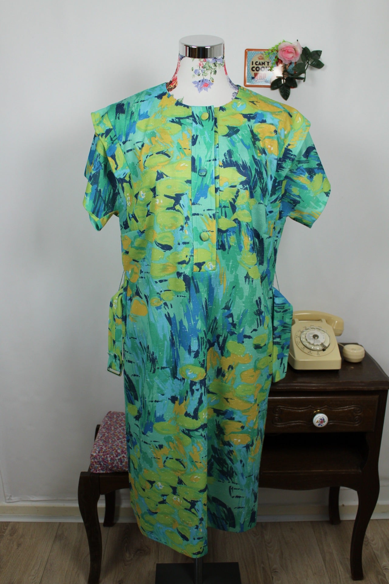 🌸🍒Robe verte vintage 80's arty esprit coups de pinceau Picasso et ceinture - Taille 42/44🍒🌸