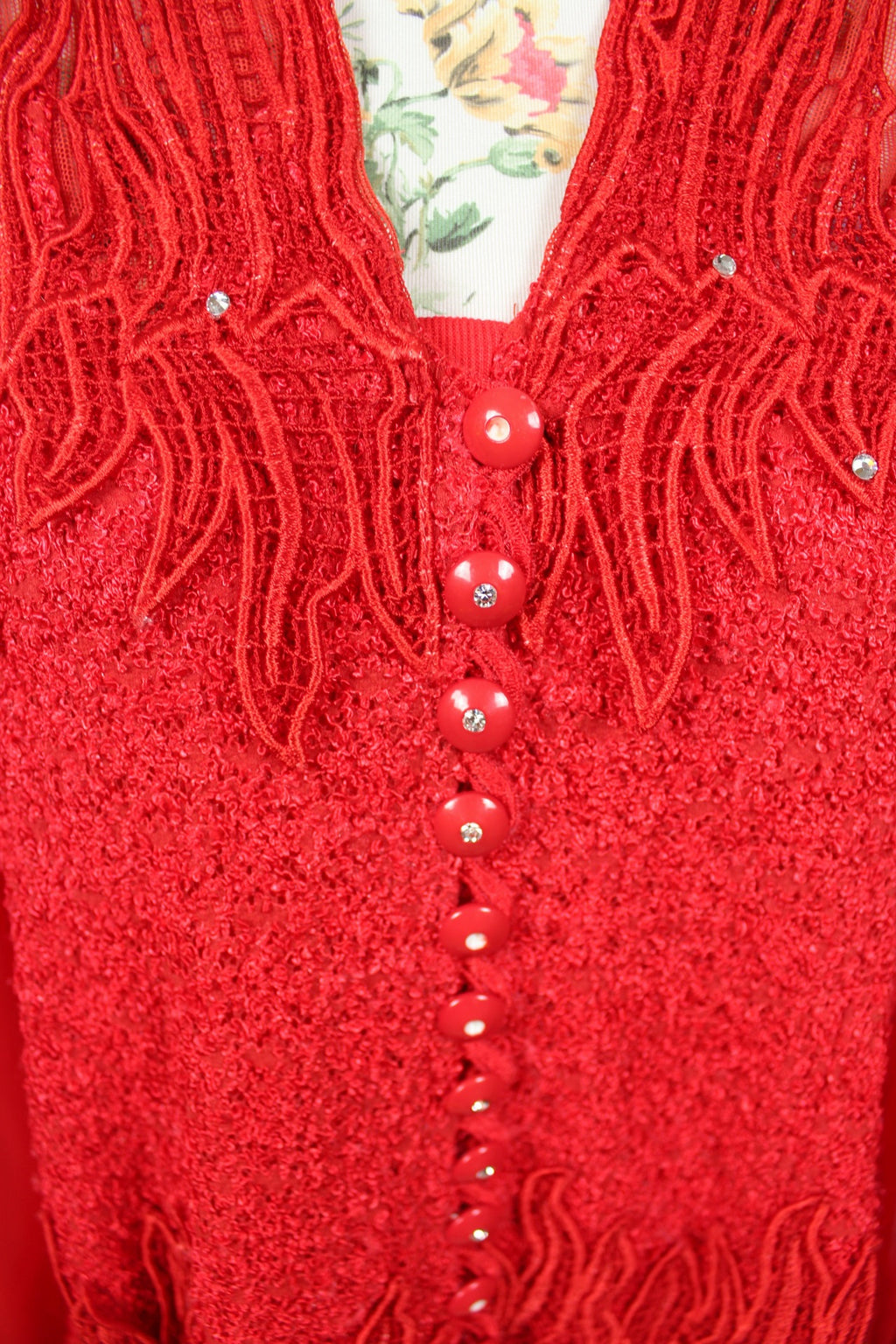 🎄Blouse rouge festive vintage 90's - dentelle, strass & manches transparentes - Look Noël glamour🎄