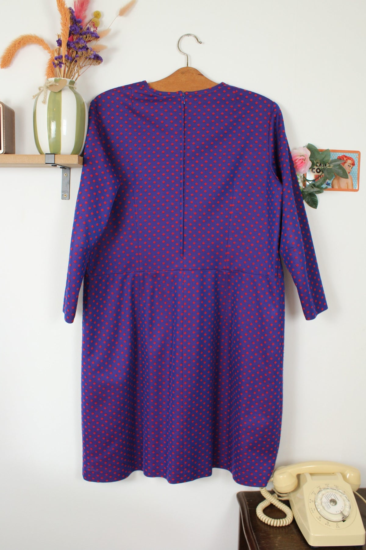 Robe pin-up vintage années 70/80 automne/hiver - violette & pois rouges - Taille 42/44