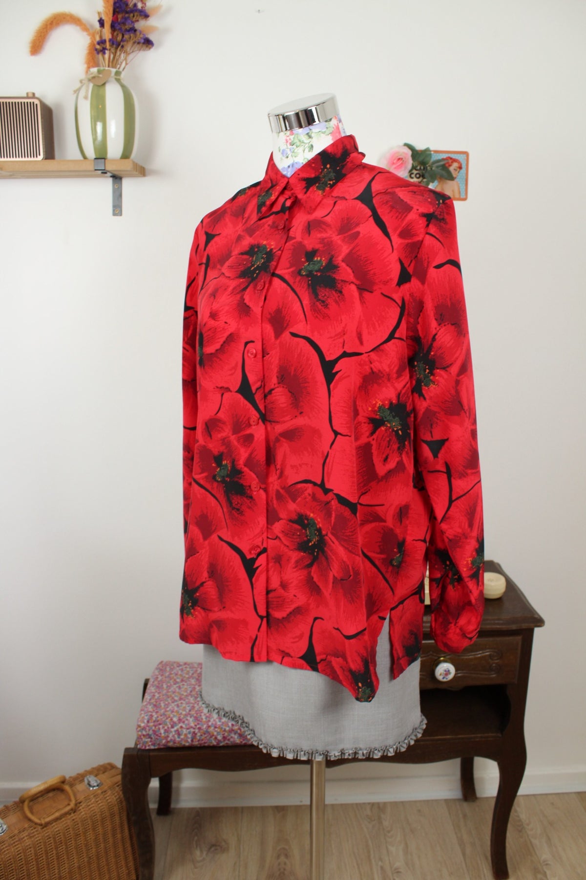 Chemise vintage années 80 romantique motif coquelicots - Taille 40/42
