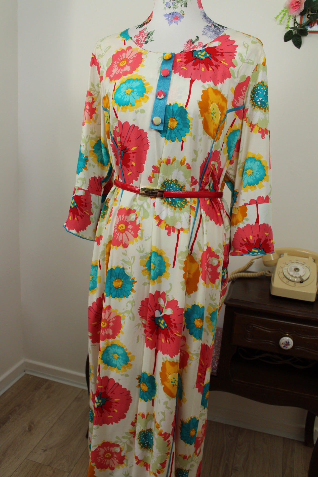 🌸🍒Robe vintage longue 70's hippie motif floral XXL coloré - T.42/44🍒🌸