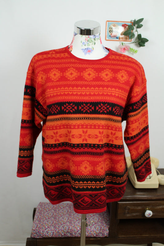 🌸🍒Pull vintage en laine 90's Symétrie rouge & noir - motifs graphiques - Taille 40/42🍒🌸