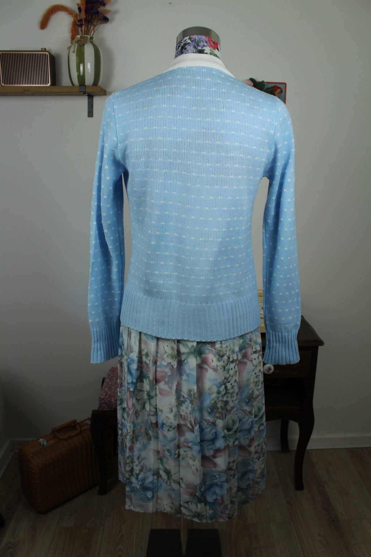 Cardigan pull vintage années 80 bleu ciel pep's à pois blanc - Taille 38