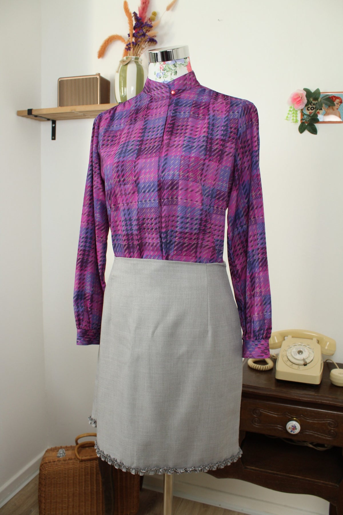 Chemise vintage années 80 violet à carreaux tartan col officier - Taille 38