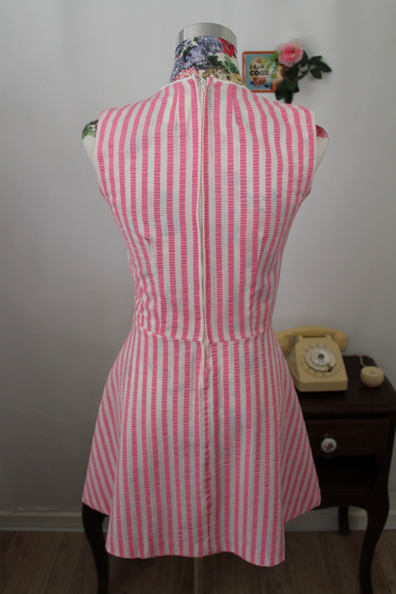 🍒🌸Robe vintage 60's en coton à rayures ondulées rose peps - Taille 36🌸🍒