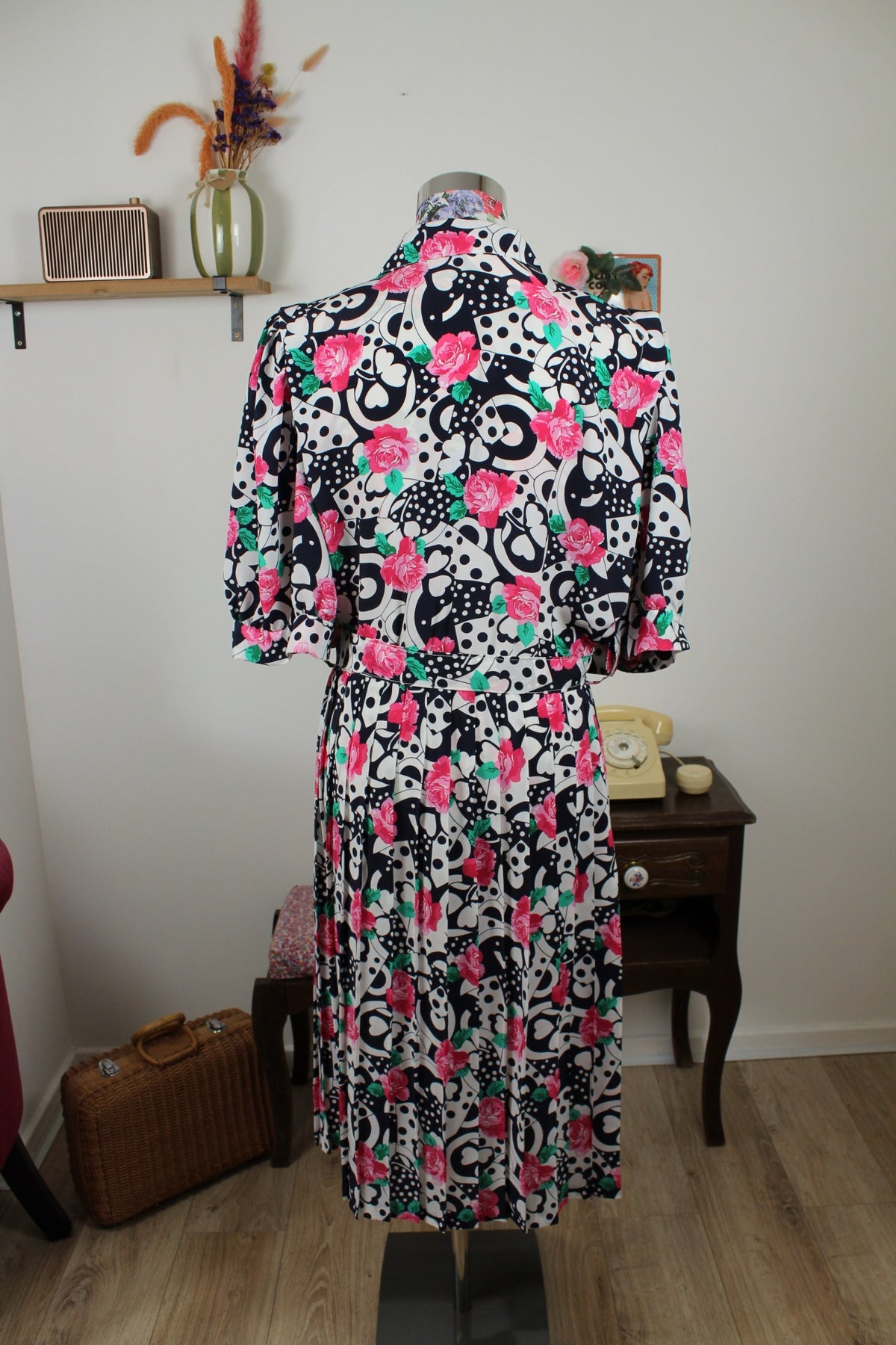 Robe vintage années 80 roses, pois & trèfles - boléro inclus - Taille 46/48