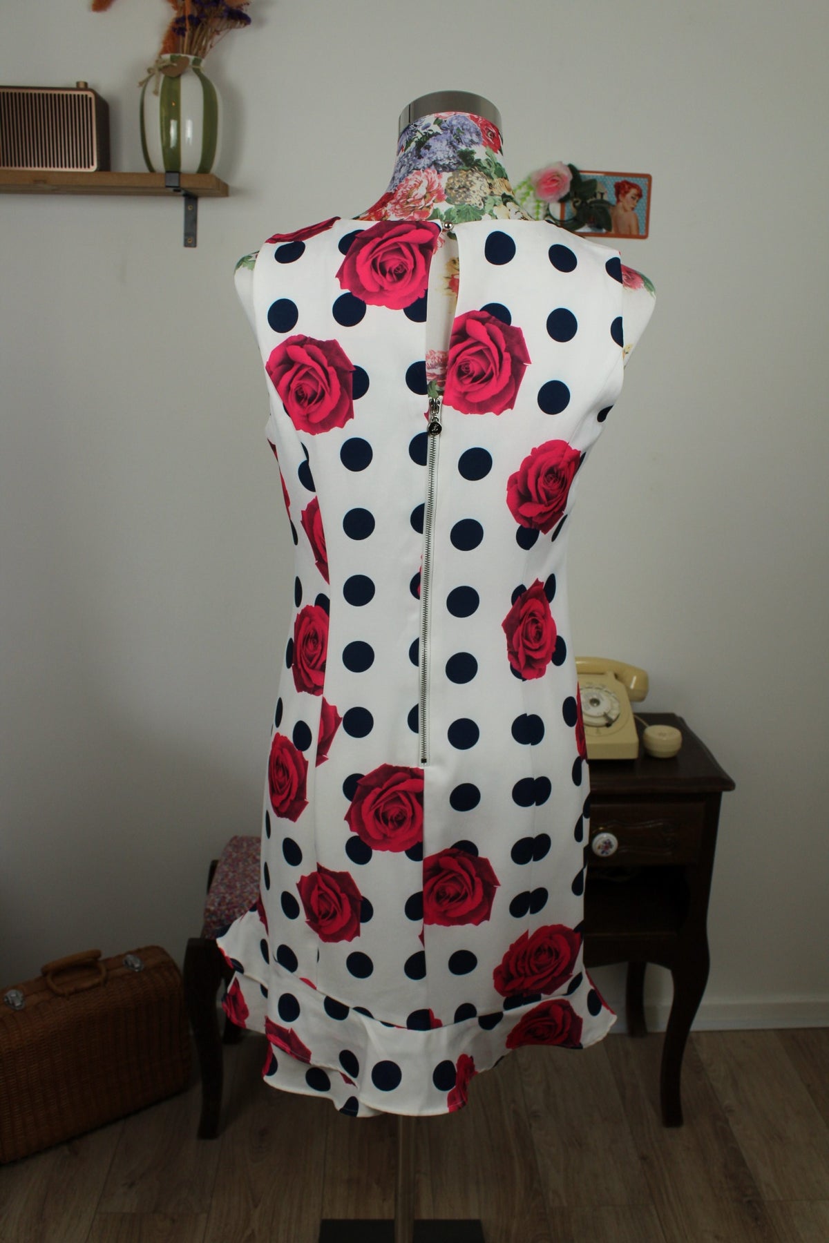 🌸🍒Robe rockabilly/pin-up pois marine & roses fuchsia - Jus d'Orange - Taille 38🍒🌸