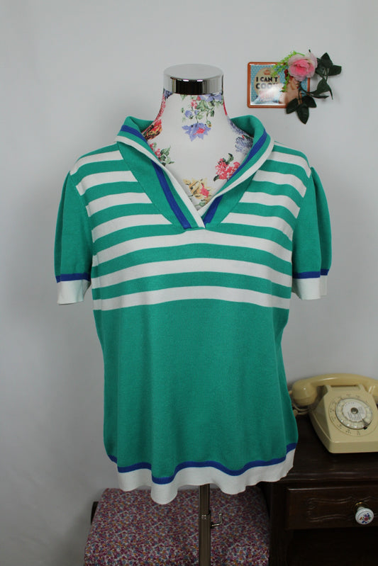 🍒🌸Polo rétro 80's rayé vert & blanc - Julie Guerlande - Taille 40/42🌸🍒
