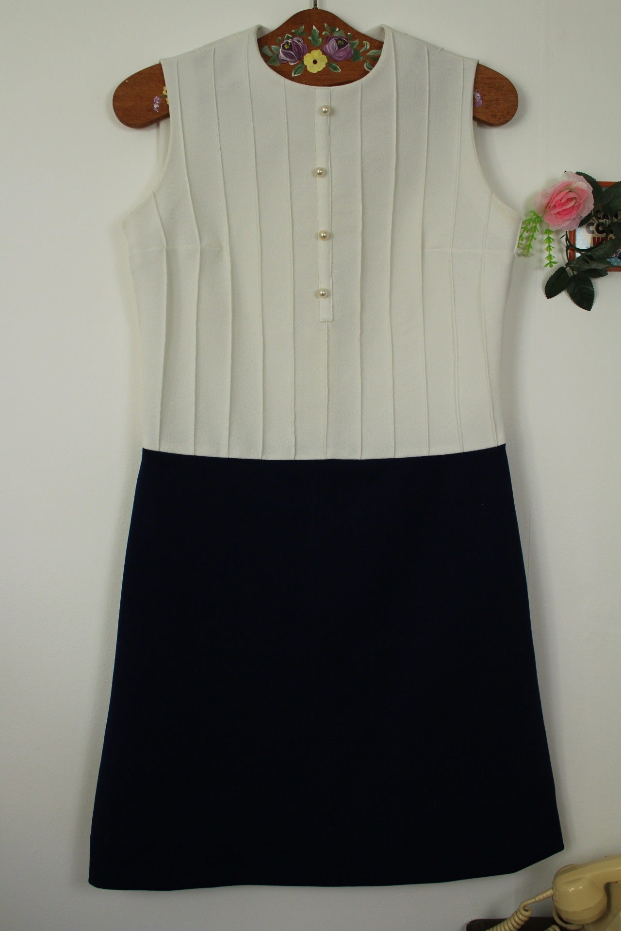 🌸🍒Robe vintage 60's blanche & marine chic - boutons nacrés - Taille 38🍒🌸