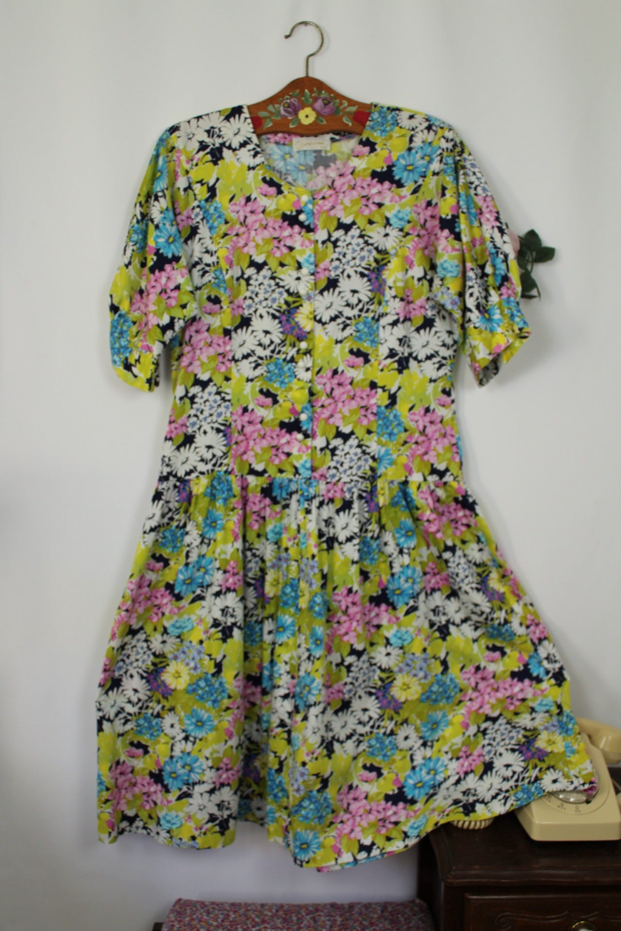 🌸🍒Robe vintage 80's fleurie Gevana - manches bouffantes 100% coton - Taille 38/40🍒🌸