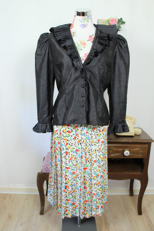 🍒🌸Jupe plissée vintage années 80 - pétales de fleurs et pois satinés - Taille 44🌸🍒