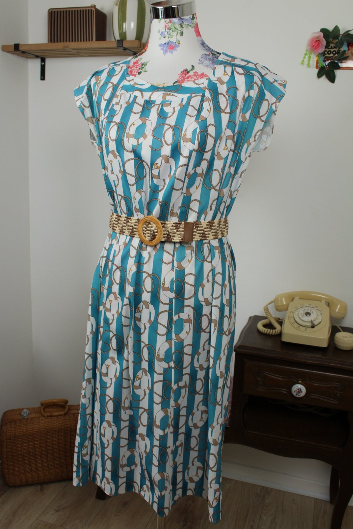 🌸🍒Robe vintage années 80 Navy rayures turquoises & motifs nautiques - Taille 38 à 42🍒🌸
