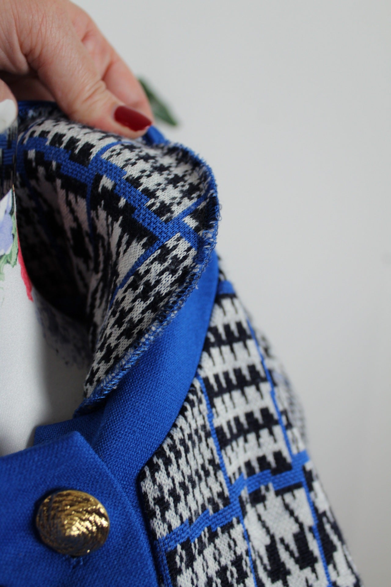 🌸🍒Cardigan vintage 80/90s graphique bleu & noir - boutons dorés chic - Taille 40/42🍒🌸