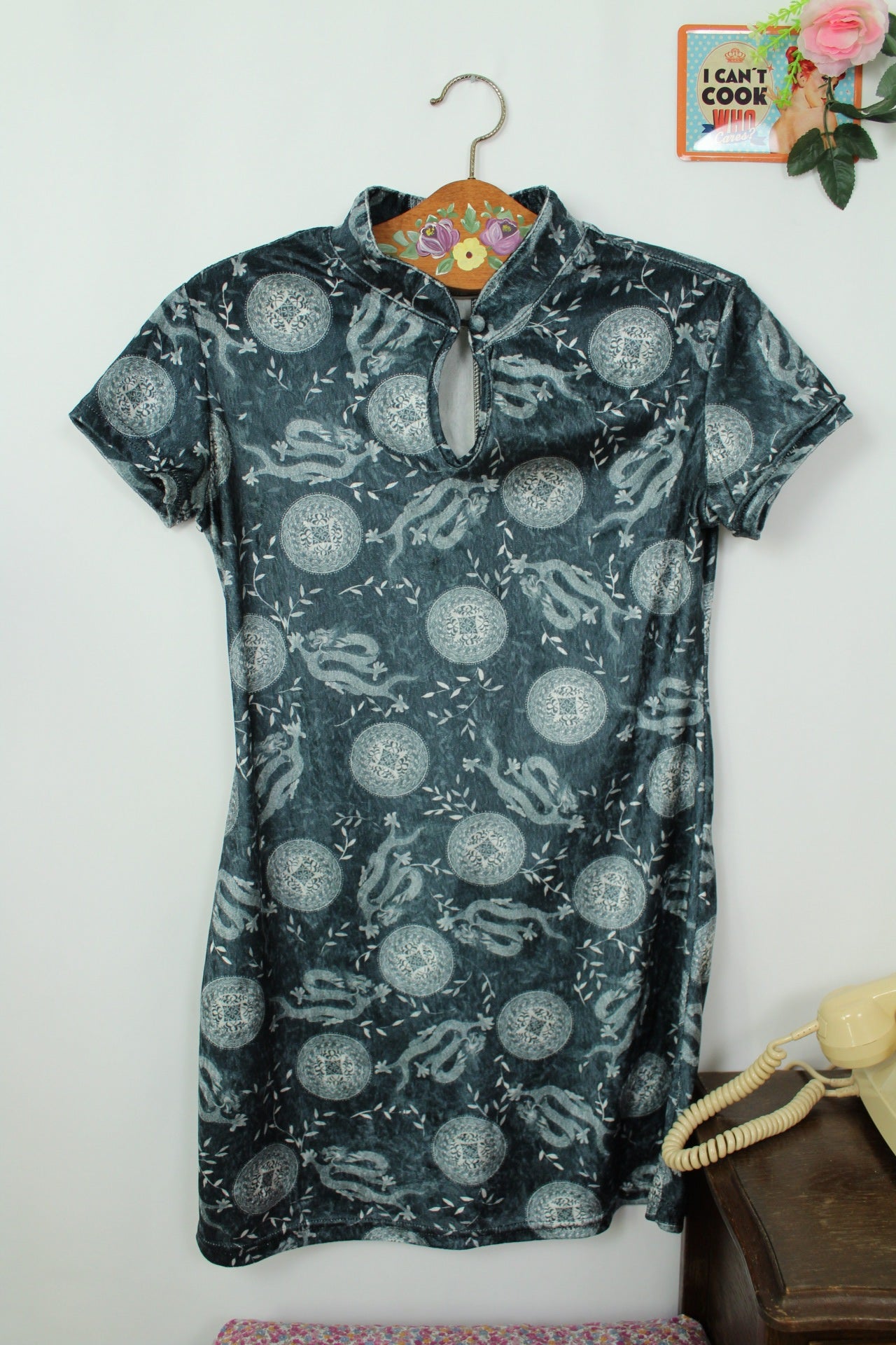 🌸🍒Robe vintage 90's asiatique dragon/médaillon col mao - made in France - Taille 38🍒🌸