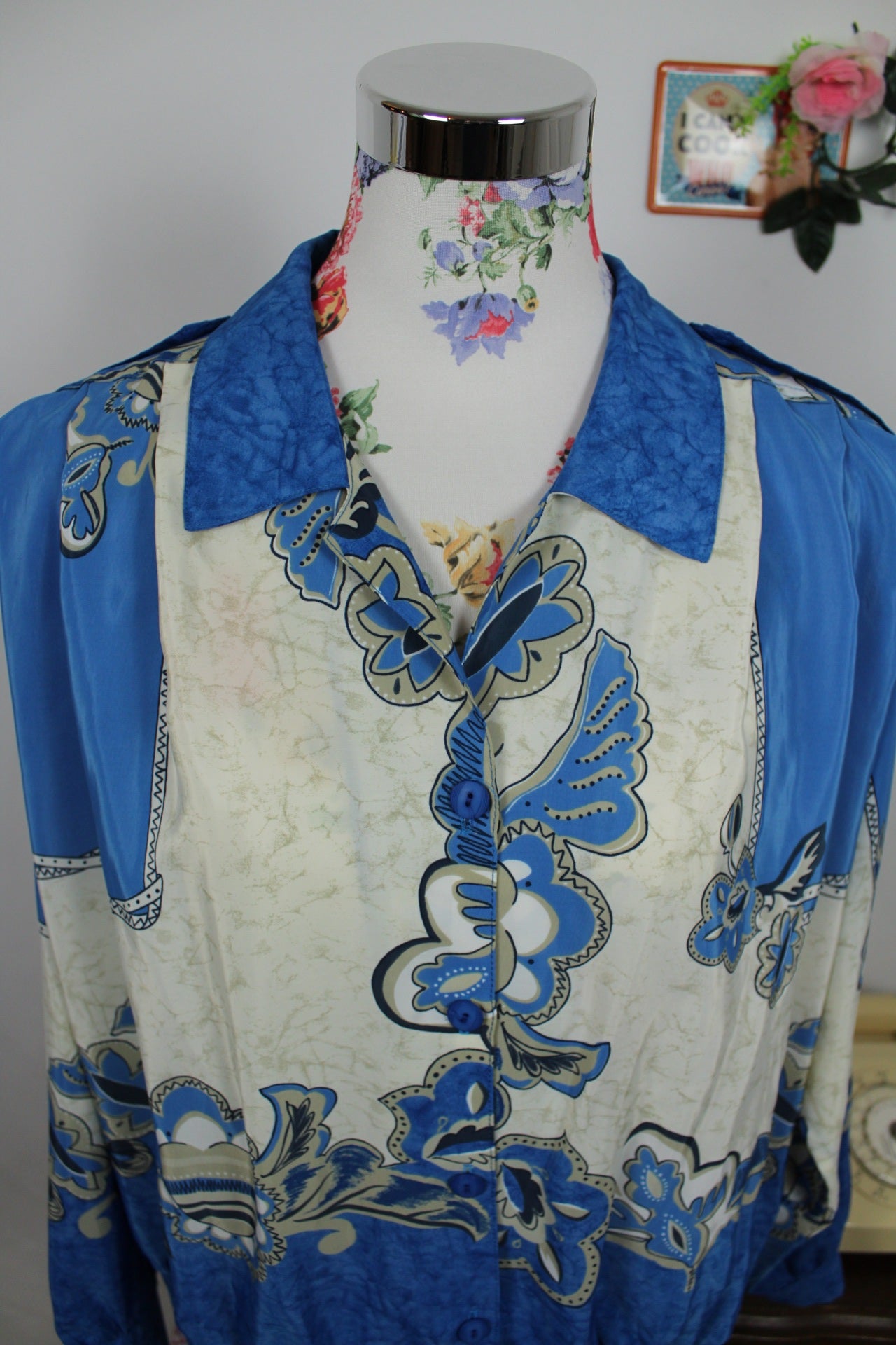 🍒🌸Chemise vintage baroque bleu & ivoire - années 80 - Taille 40 à 44🌸🍒