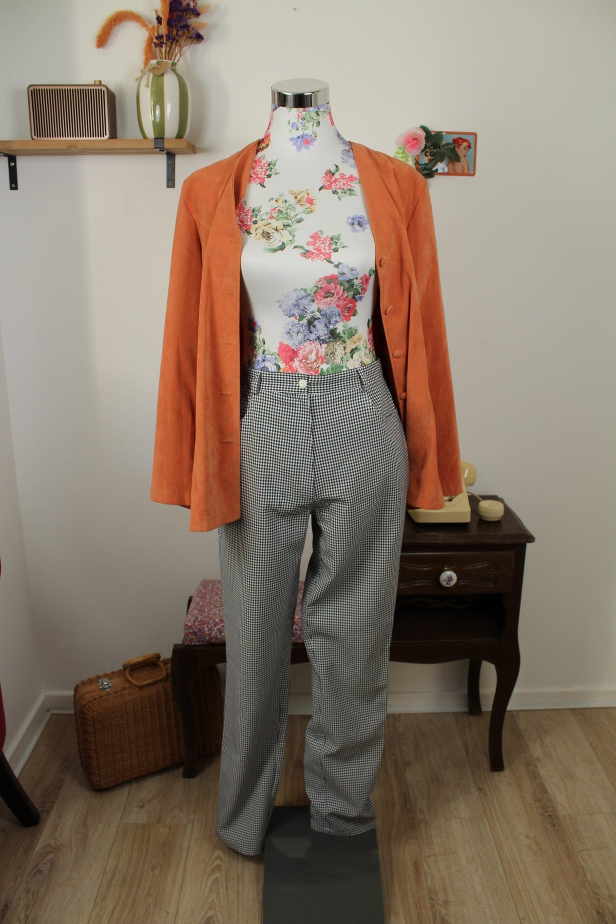 Pantalon vintage années 90 vichy carreaux noirs & blancs skinny - Taille 38