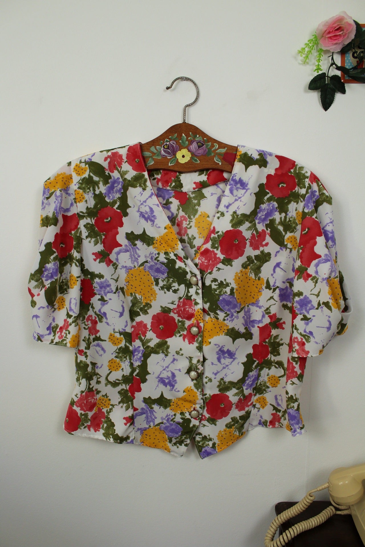 🌸🍒Blouse vintage 80's fleurie aquarelle & boutons bijoux nacrés - Taille 40/42🍒🌸